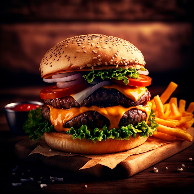 Big appetizing succulent hamburger with french fries Fast food concept