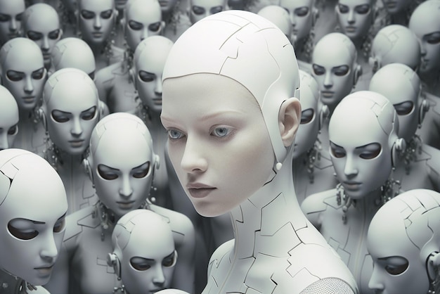 Big army of futuristic android women with metallic machine attached from neck down to her body generative AI ready for war