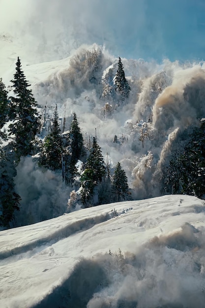 Big avalanche comming down from the mountain destroing everything in it's path