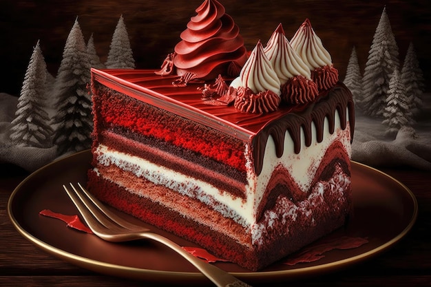 Big beautiful christmas as birthday red velvet cake with cream and chocolate created with generative