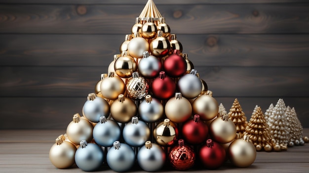 Big beautiful Christmas tree decorated with beautiful shiny baubles and various gift on wooden floor