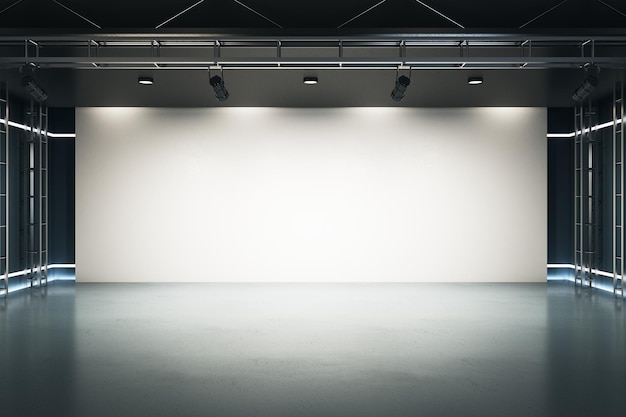 Big blank light screen instead of wall with projectors in empty industrial style hall room with glossy floor Mockup 3D rendering