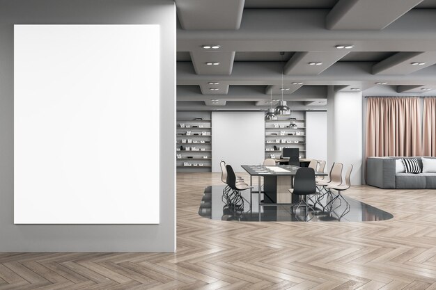 Big blank white poster with place for your logo or text on grey wall in modern spacious office area with stylish conference table wooden floor and bookcases on background 3D rendering mock up