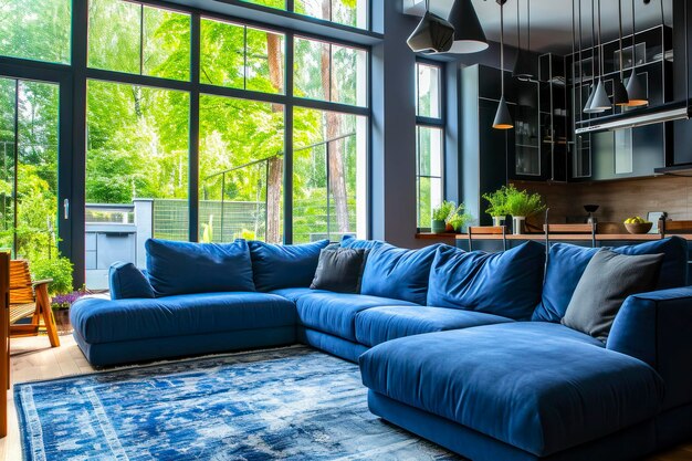 Big blue and cozy corner sofa in modern living room with big windows open to dark kitchen