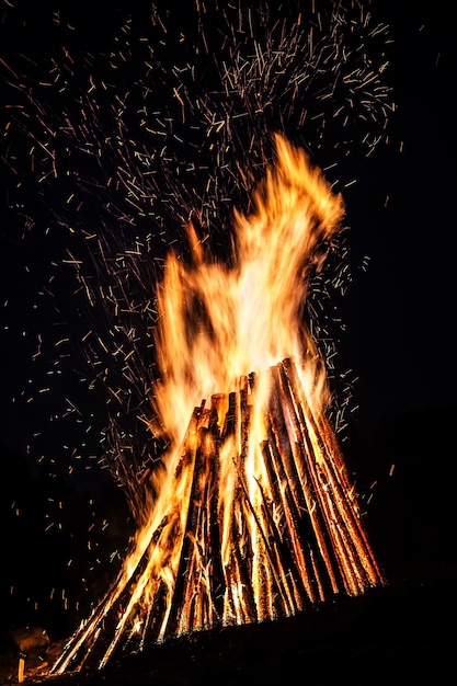 Big bonfire at night. Fire flames on black background