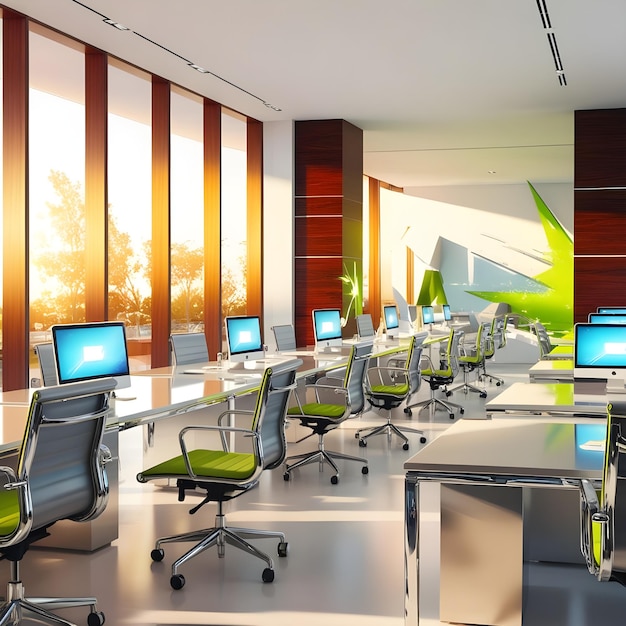 Big bright modern office with computer screens desks and chairs