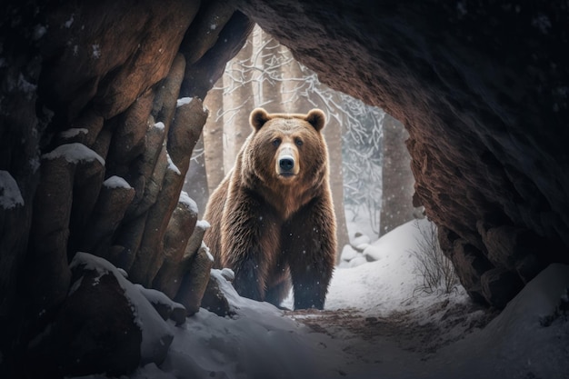 A big brown bear looks into a cave or its den in winter Generative AI