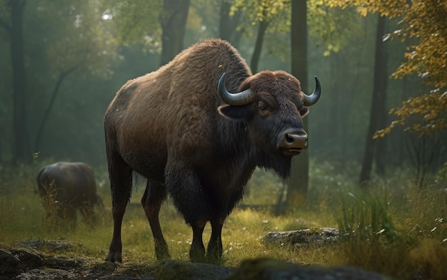 A big buffalo bison in a forest background ai generated