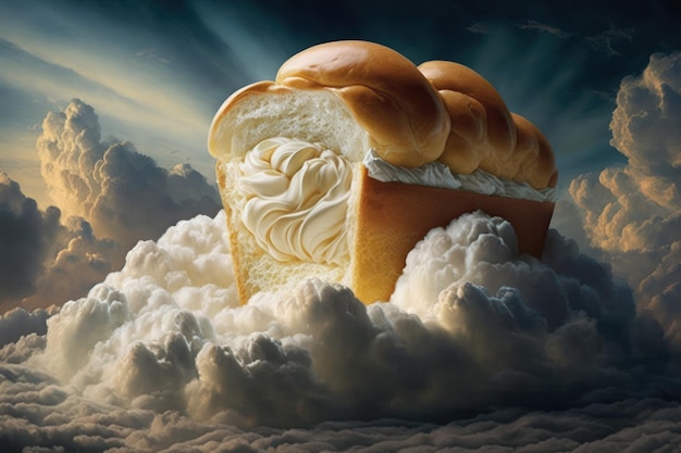 A big bun with butter in the blue sky among the clouds ai generated