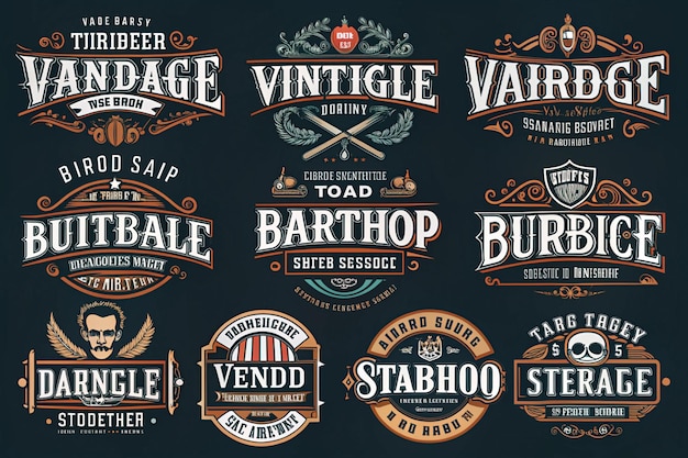 Photo big bundle of vintage logo templates for the tattoo studio and barbershop on a dark backgroundall text and text are in separate groups