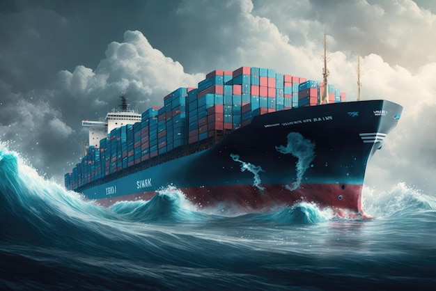 Big cargo container ship in the stormy sea Generative AI