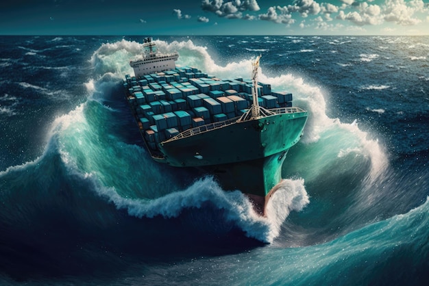 Big cargo container ship in the stormy sea Generative AI