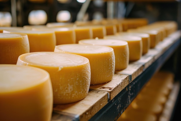 Big cheese wheels at manufacturing closeup A cheese dairy in a warehouse with cheese