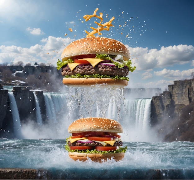 Big cheeseburger with flying ingredients and falling water splashes