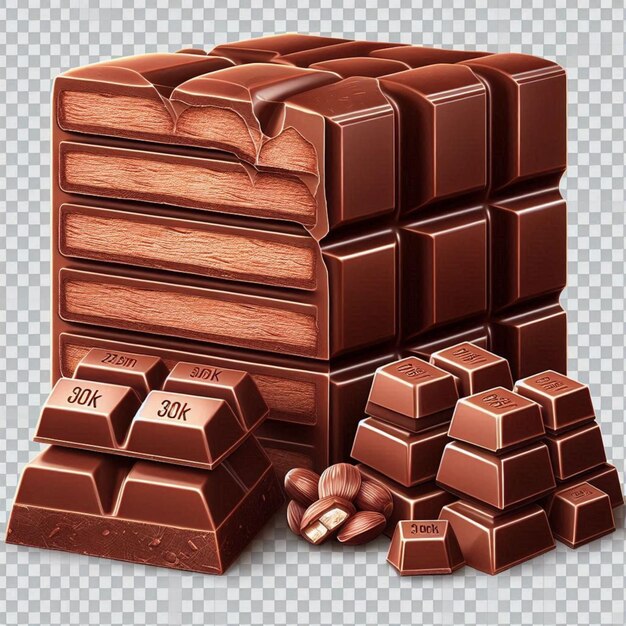 Photo big chocolate and small ones are each split into three parts isolated on transparent background