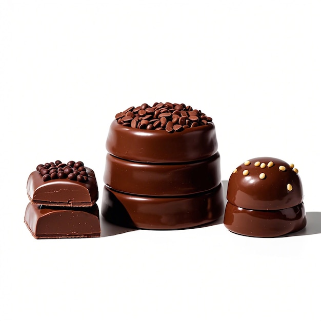 Photo big chocolate and small ones are each split into three parts isolated on white background