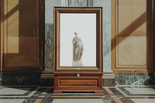 Photo big and classic wooden frame mockup poster on the museum in between of a statue for your artwork