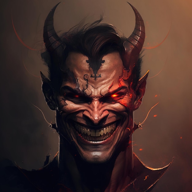 Big close up of an evil face smiling with a red eyes and horn on the head