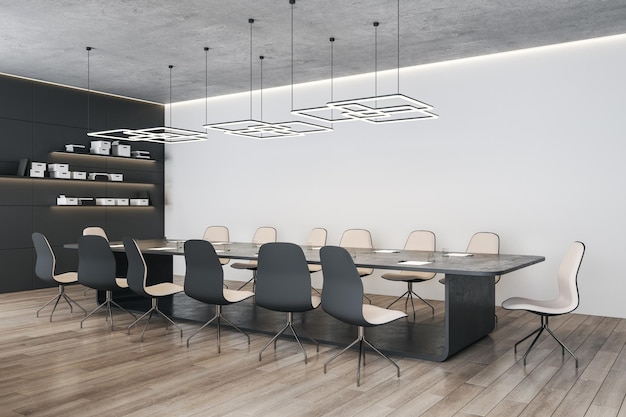 Big conference table surrounded by black and beige chairs on wooden floor in spacious meeting room with stylish lamps from top white wall and black shelves on background 3D rendering