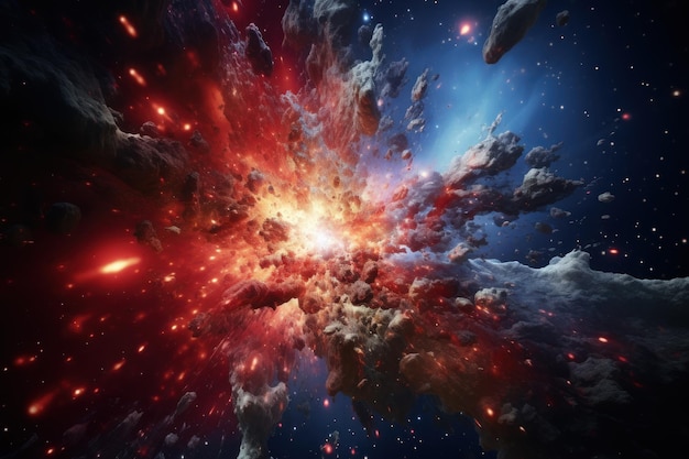 Big cosmic explosion in space in Universe with bright center and swirling blue orange clouds and stars Moment of Big Bang Creation of Universe and Great Release of Cosmic Energy Space background