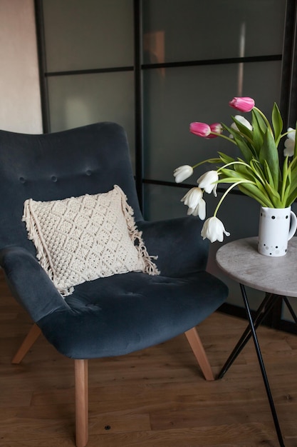 Big cozy chair with macrame pillow Home decor