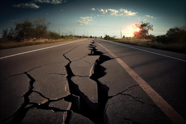 Big cracks in road from aftermath earthquake created with generative ai