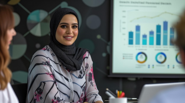 Big data analysis and fintech ecommerce concept with successful middle eastern descent woman