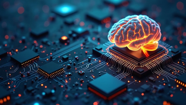 Big Data Artificial Intelligence Concept Glowing Human Brain with Processor Human Intelligence ML