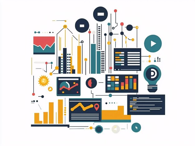 Photo big data processing visualization featuring charts and trends in flat design for business