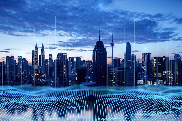 Big data transmission technology concept with digital blue wavy wires on night city skyline background double exposure