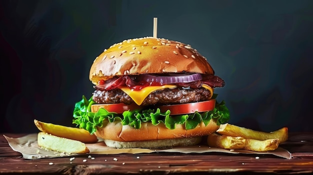 Big delicious cheeseburger with beef tomato cheese and lettuce on wooden table food advertising prod