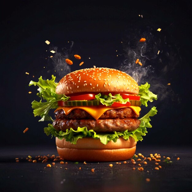 Big delicious and crispy cheeseburger and chicken burger with flying on a black background