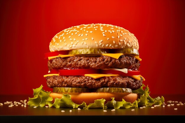 A big and delicious hamburger on a red background