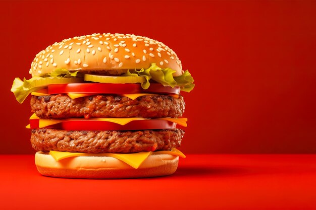 A big and delicious hamburger on a red background