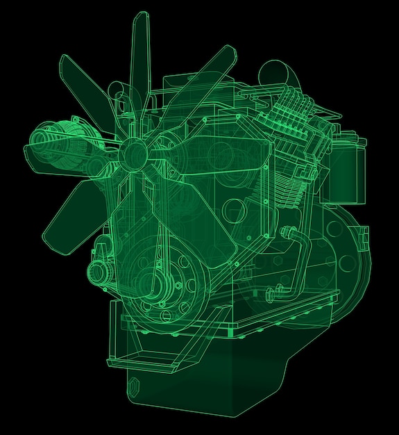 A big diesel engine with the truck depicted in the contour lines on graph paper. The contours of the green line on the black background.