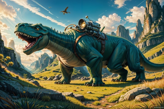 big dinosaur walking on green grass alien landscape fantasy landscape