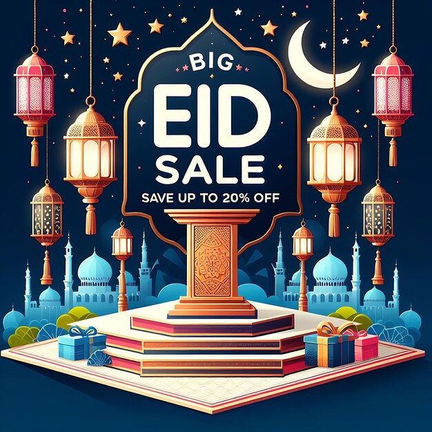 Big Eid Sale Up to Off Design with Lanterns and Stars on Blue Background