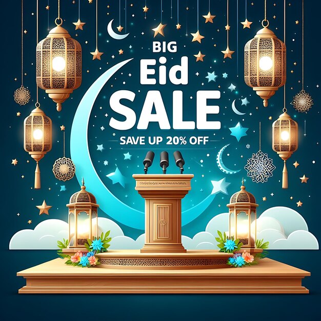 Big Eid Sale Up to Off Design with Lanterns and Stars on Blue Background