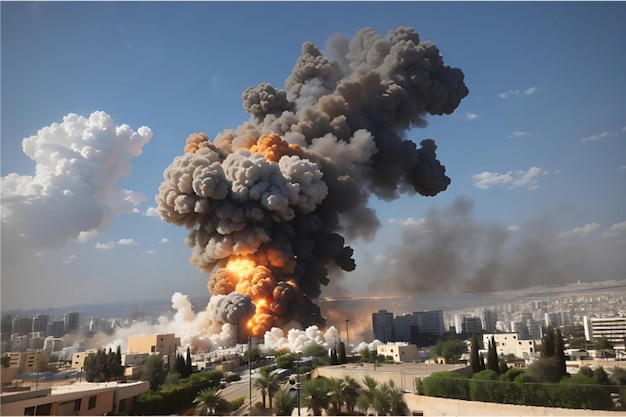 Big explosion on the background of the city in Israel