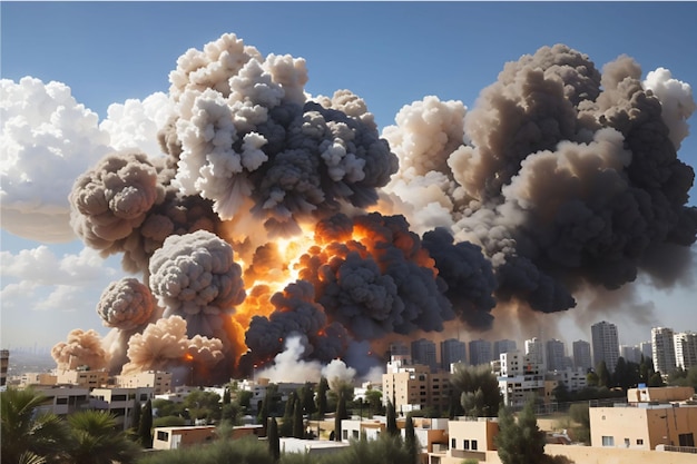 Big explosion on the background of the city in Israel