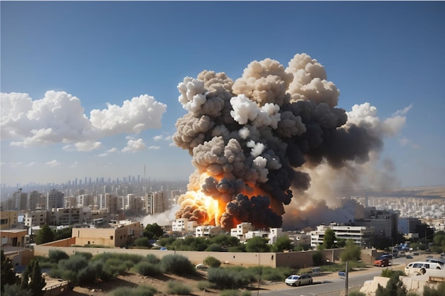 Big explosion on the background of the city in Israel