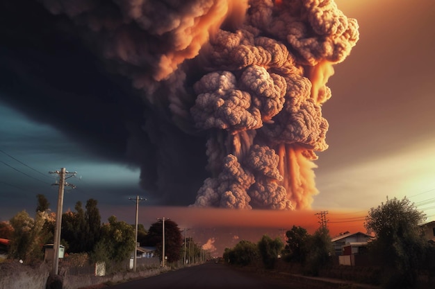 Big explosion on the background of the road at sunset