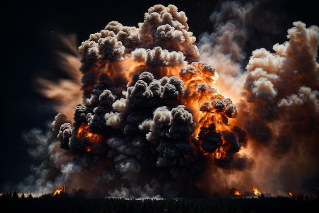 Big explosion with smoke and fire on black background