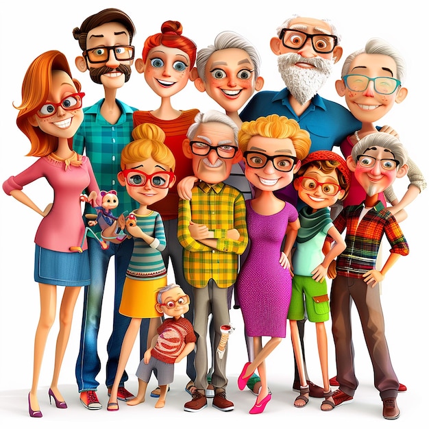 Photo big family 3d cartoon image isolated on white background