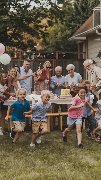 Photo big family and friends celebrating outside in a backyard at home