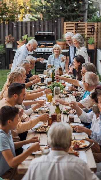 Big Family Garden Barbecue Party Celebration Gathered Together at a Table with Relatives and Frien