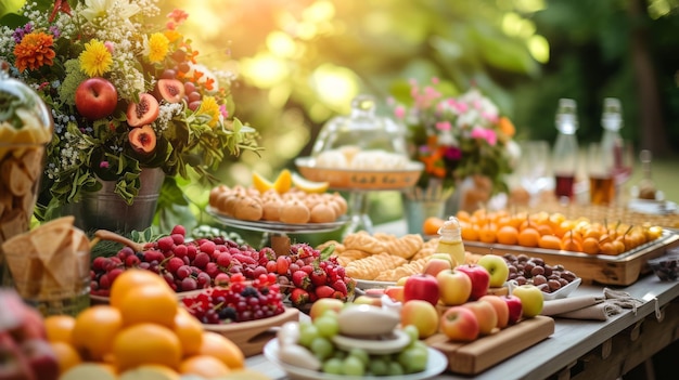 Big family garden party large plates and bowls with seafood vegetables fruits berries and greenery