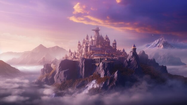 A big fantasy castle in the mountain a hill and a sunset in the background inspire the idea of a large fort among mountains Generative AI