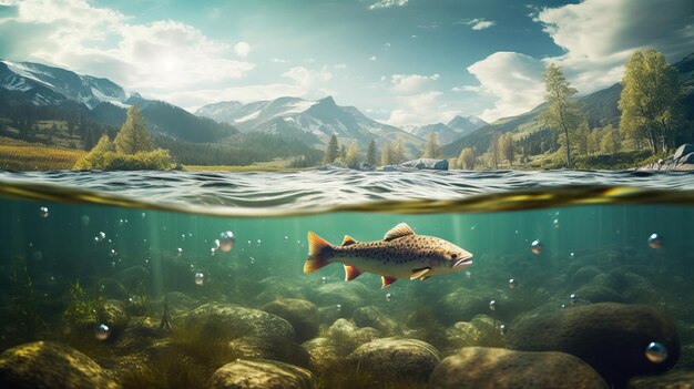 A big fish swims in clear water against the backdrop of mountains