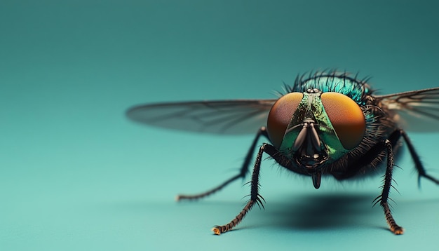 Photo big fly macro and hd photo on solid background and copy space